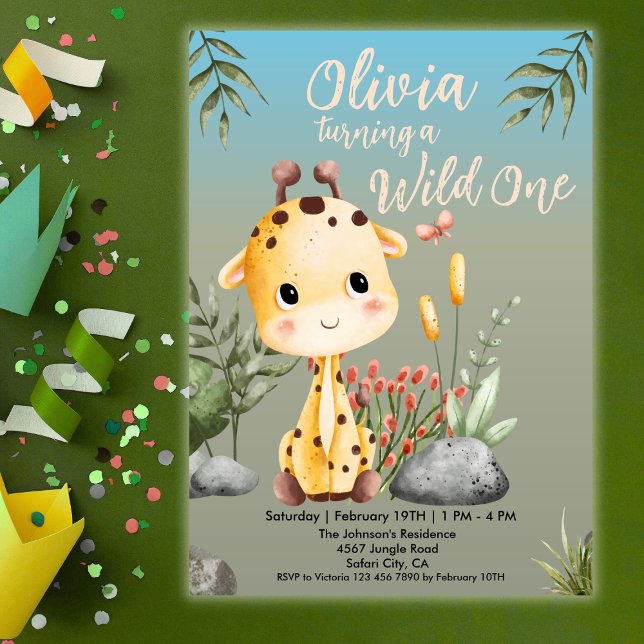 Invitation Wild One Cute Giraf Safari Animaux 1er anniversair (Créateur téléchargé)