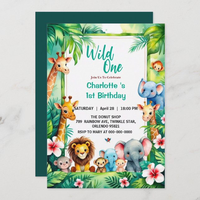 Invitation Wild One Cute Jungle Animal Child's 1st Birthday  (Devant / Derrière)