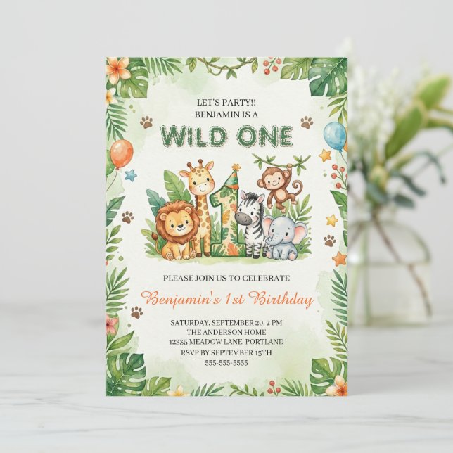 Invitation Wild One Cute Jungle Animals Kids 1st Birthday  (Debout devant)