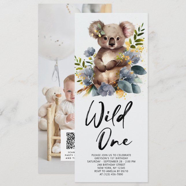 Invitation Wild One Cute Koala 1er Anniversaire Photo Animal (Devant / Derrière)