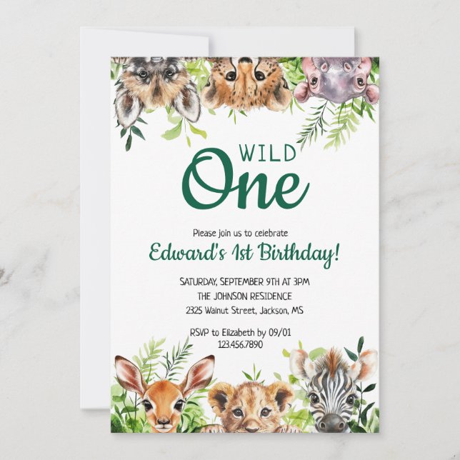 Invitation Wild One Cute Safari Animaux Premier Anniversaire (Devant)