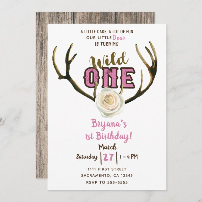 Invitation Wild One Deer Antlers Rose rose 1er anniversaire (Devant / Derrière)