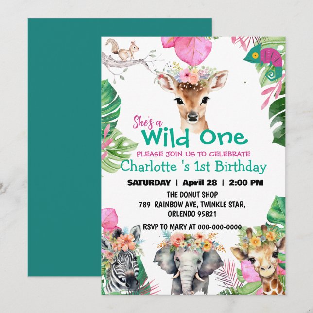 Invitation Wild One Deer Safari jungle 1er Animaux Anniversai (Devant / Derrière)