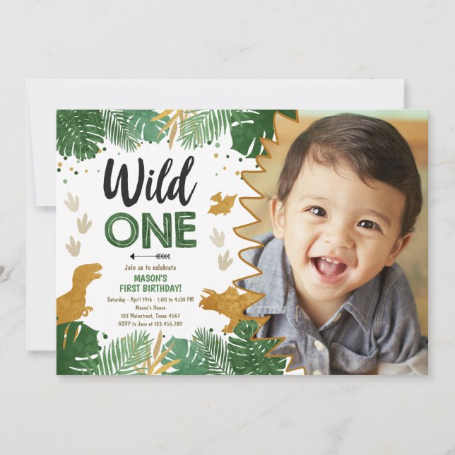 Invitation Wild One Dino Party Boy Gold Dinosaur 1er annivers (Devant)