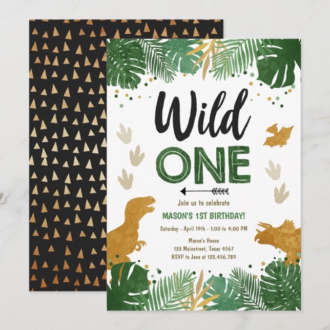 Invitation Wild One Dino Party Boy Gold Dinosaur 1er annivers (Devant / Derrière)