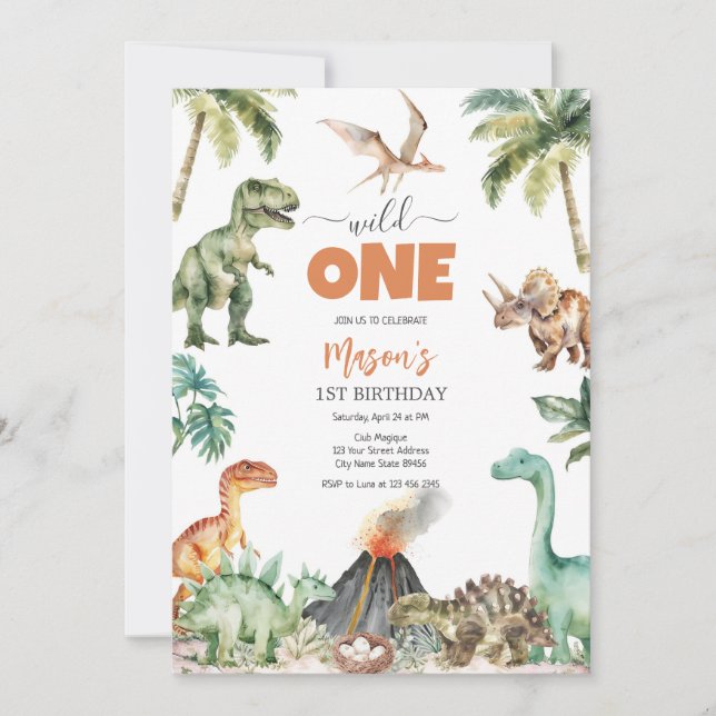 Invitation Wild One Dinosaur Kids 1st Birthday Invitatio (Devant)