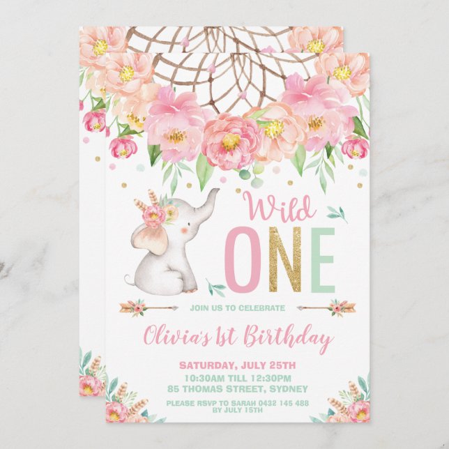 Invitation Wild One Elephant 1er anniversaire Boho rose Flora (Devant / Derrière)