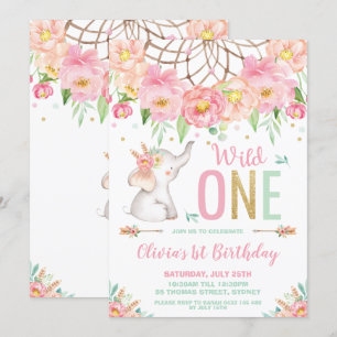 Invitation Wild One Elephant 1er anniversaire Boho rose Flora