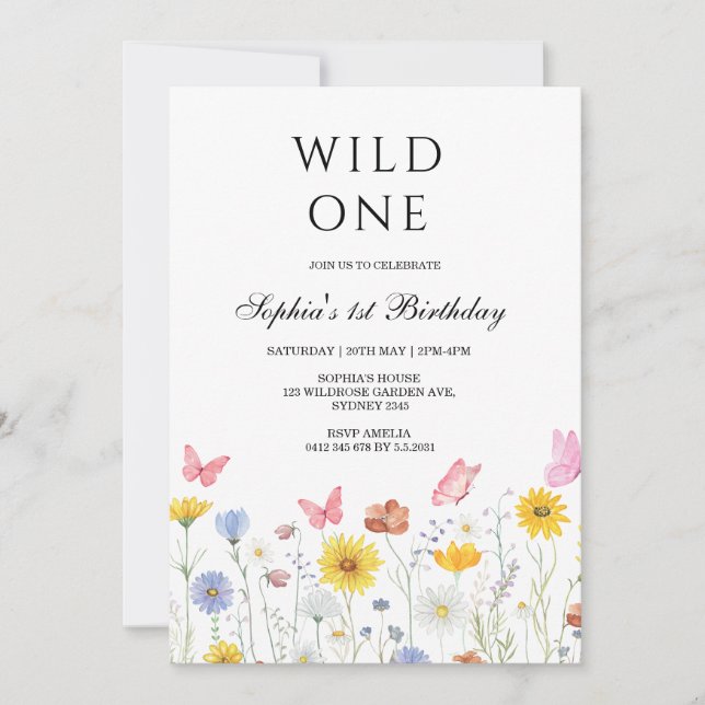 Invitation Wild One Floral Butterfly First Birthday Party  (Devant)
