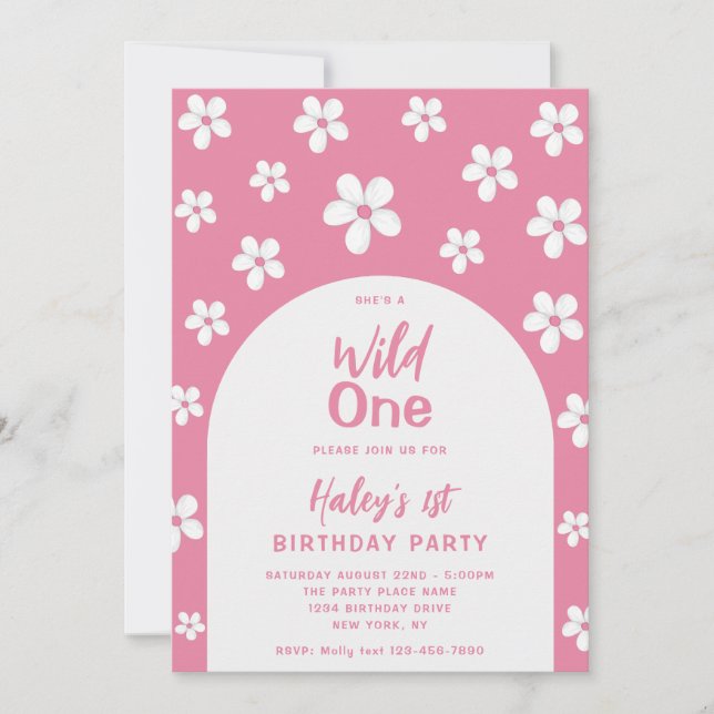 Invitation Wild One Floral mignon bébé fille 1er anniversaire (Devant)