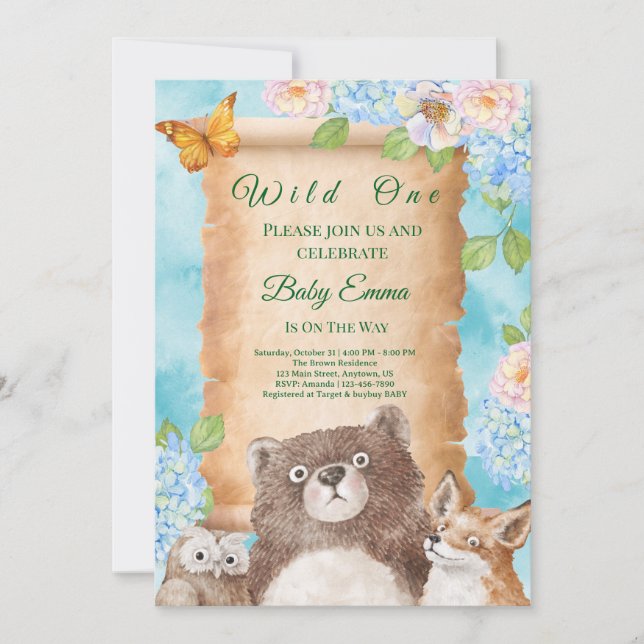 Invitation Wild One Forest Baby Shower Watercolor Art (Devant)