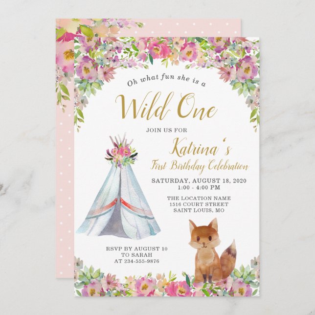 Invitation Wild One Fox Tribal Floral 1er anniversaire Invita (Devant / Derrière)