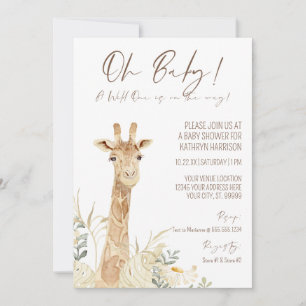Invitation Wild One Giraffe Blanc Floral Genre Neutre Bébé