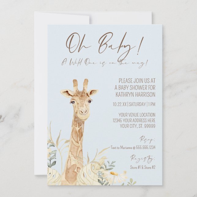 Invitation Wild One Giraffe Floral Pastel Blue Boy Baby Invit (Devant)