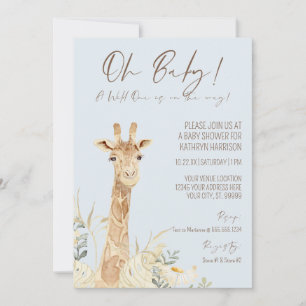 Invitation Wild One Giraffe Floral Pastel Blue Boy Baby Invit