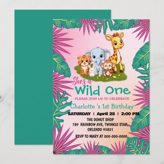 Invitation Wild One Giraffe jungle de singe 1er Anniversaire  (Devant / Derrière)