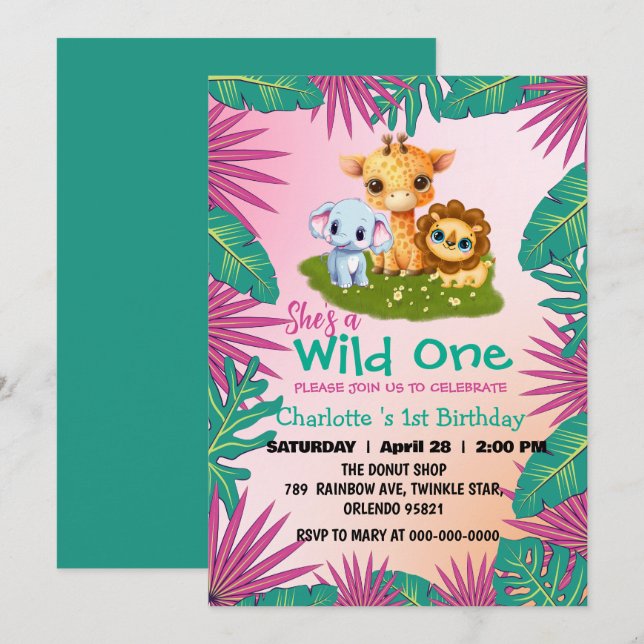 Invitation Wild One Giraffe lion jungle 1er Anniversaire anim (Devant / Derrière)