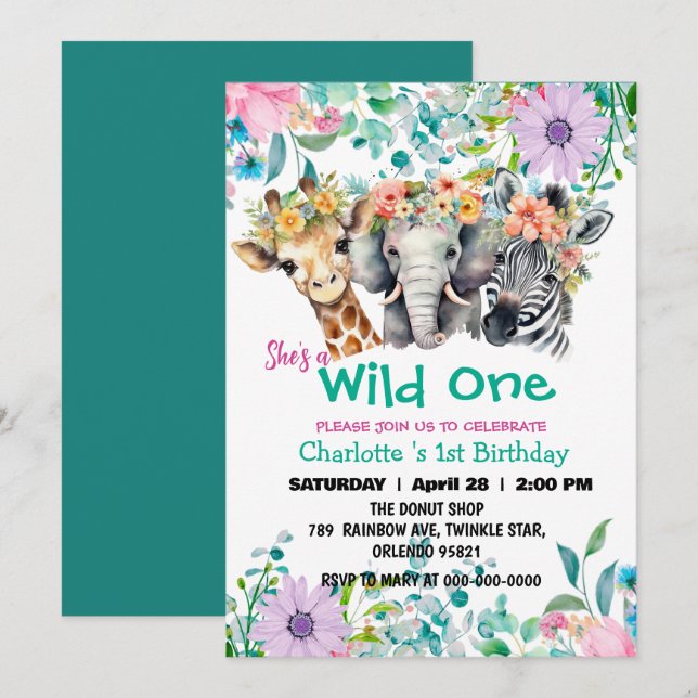Invitation Wild One Giraffe zèbre jungle 1er Animaux Annivers (Devant / Derrière)