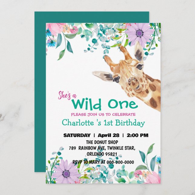Invitation Wild One Giraffe Zoo jungle 1er Animaux Anniversai (Devant / Derrière)