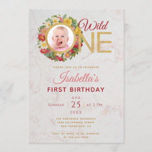 Invitation Wild One Girl Photo en Rose Wreath Premier anniver