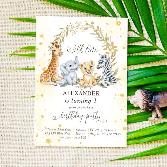 Invitation Wild one golden jungle safari animaux fête invitat (Créateur téléchargé)