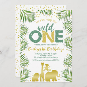 Invitation Wild One Green Gold Safari Animaux 1er anniversair