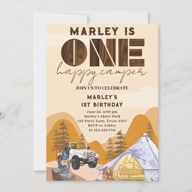 Invitation wild One Happy Camper Woodland 1er anniversaire (Devant)