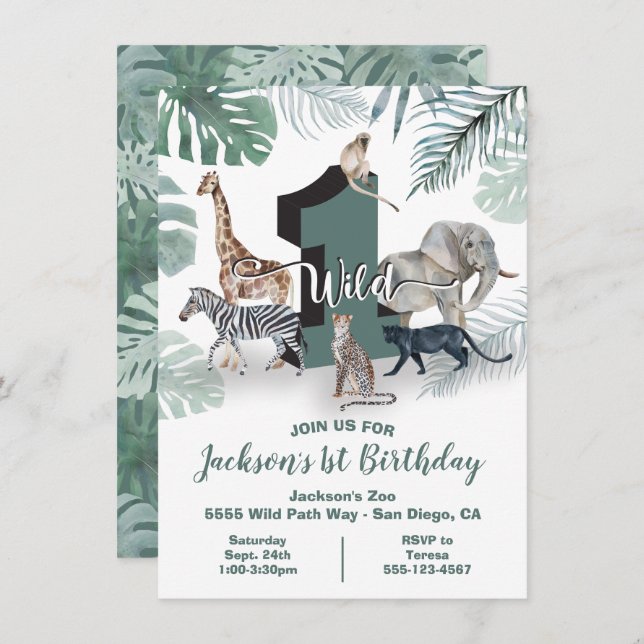 Invitation Wild One Jungle Animaux Anniversaire Fête Invitati (Devant / Derrière)