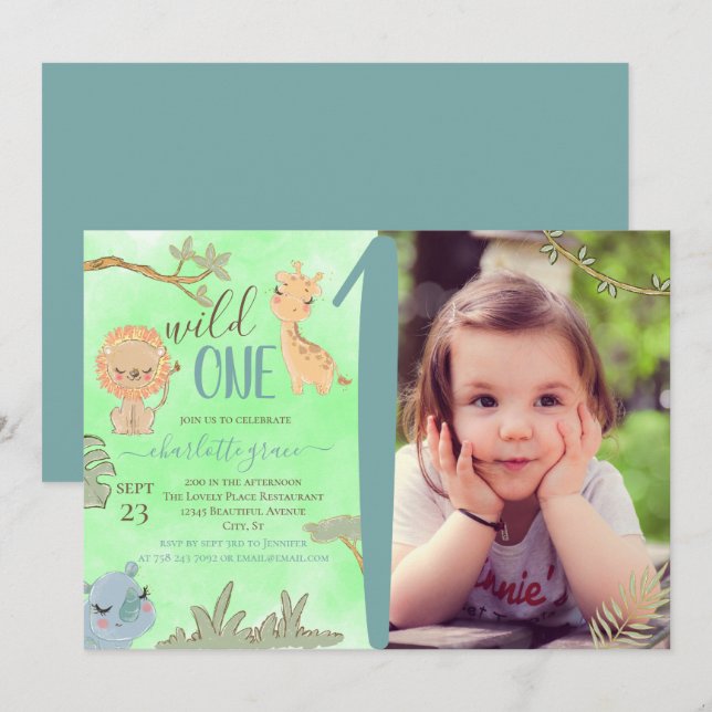 Invitation Wild One Jungle Animaux Blue Brown Premier anniver (Devant / Derrière)