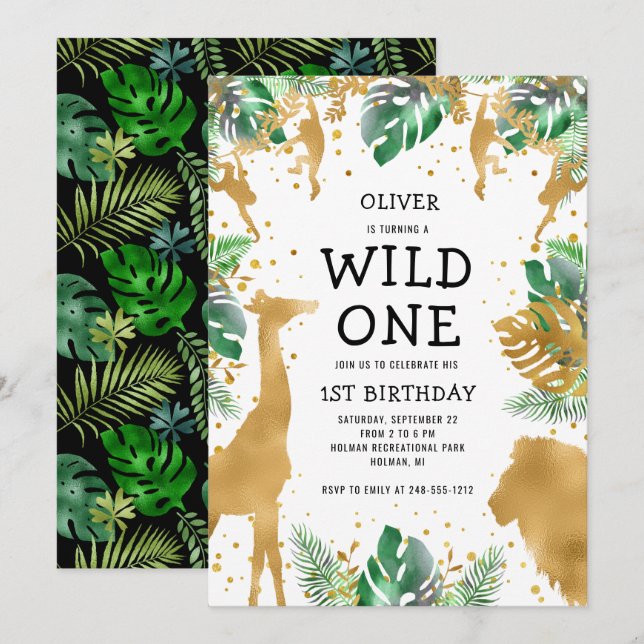 Invitation Wild One Jungle Safari 1er anniversaire Gold Green (Devant / Derrière)