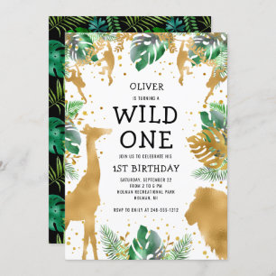Invitation Wild One Jungle Safari 1er anniversaire Gold Green