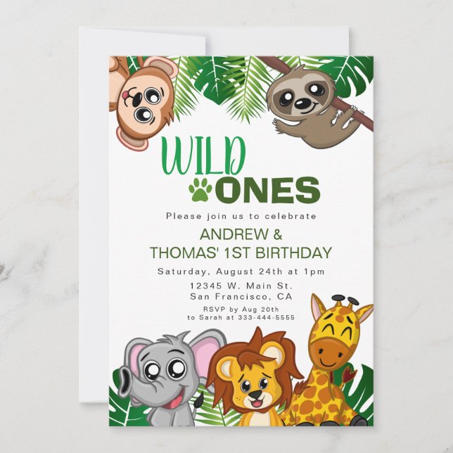 Invitation Wild One Jungle Safari Animal Twins Premier annive (Devant)