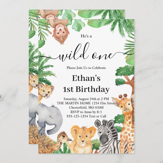 Invitation Wild One Jungle Safari Animaux 1er anniversaire (Devant / Derrière)