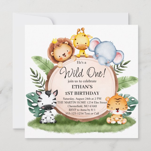 Invitation Wild One Jungle Safari Animaux 1er anniversaire (Devant)