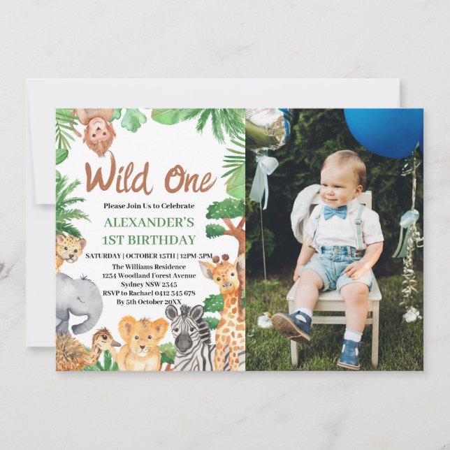 Invitation Wild One Jungle Safari Animaux 1er Anniversaire Ph (Devant)
