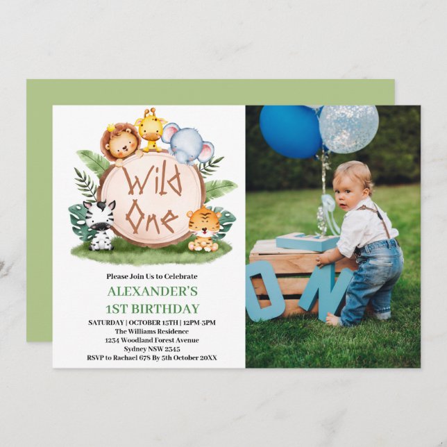 Invitation Wild One Jungle Safari Animaux 1er Anniversaire Ph (Devant / Derrière)