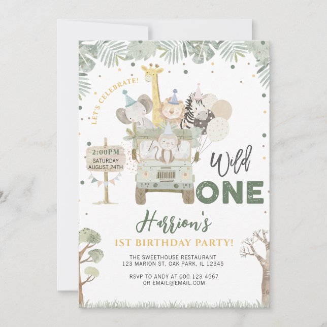 Invitation Wild One Jungle Safari Animaux Anniversaire (Devant)