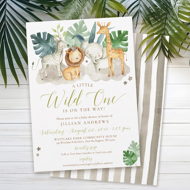 Invitation Wild One Jungle Safari Animaux Baby shower Garçon (Cute Wild One watercolor jungle safari zoo animals lion crown zebra giraffe elephant boy baby shower)