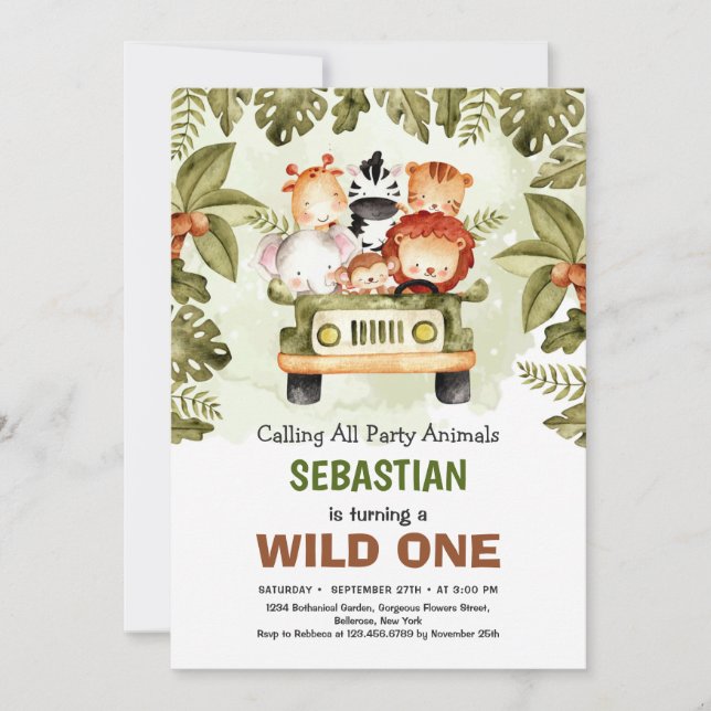 Invitation Wild One jungle safari animaux conduisant un camio (Devant)