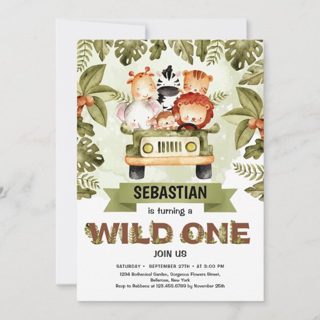 Invitation Wild One jungle safari animaux conduisant un camio (Devant)