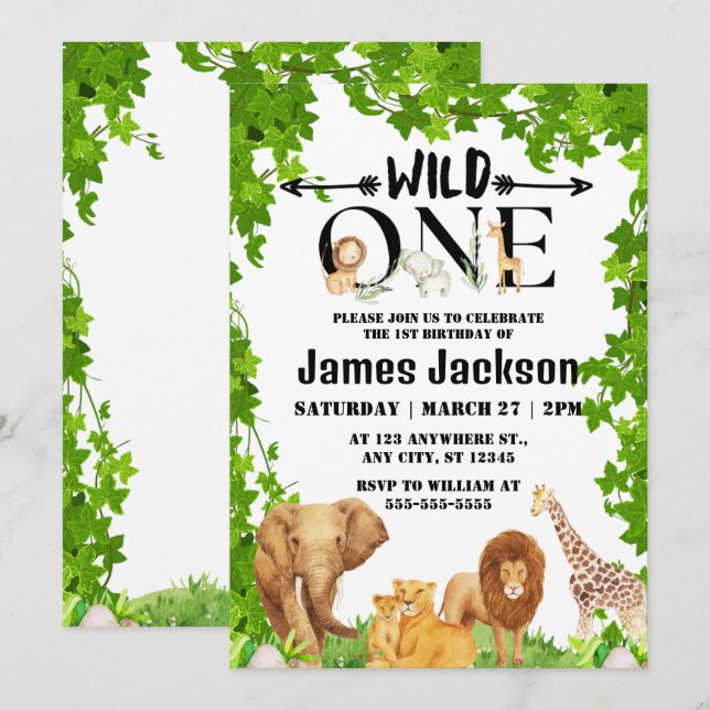 Invitation Wild One Jungle Safari Enfants Thématique 1er anni (Devant / Derrière)