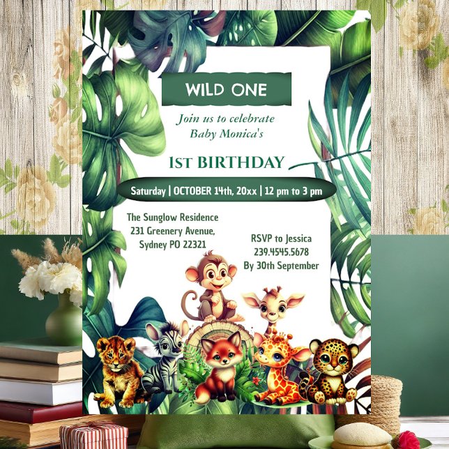 Invitation Wild One Jungle Safari Feuilles tropicaux Annivers (Wild One Birthday Jungle Safari Tropical Leaves Invitation)
