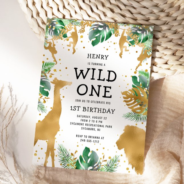 Invitation Wild One Jungle Safari Gold Green 1er anniversaire (Créateur téléchargé)