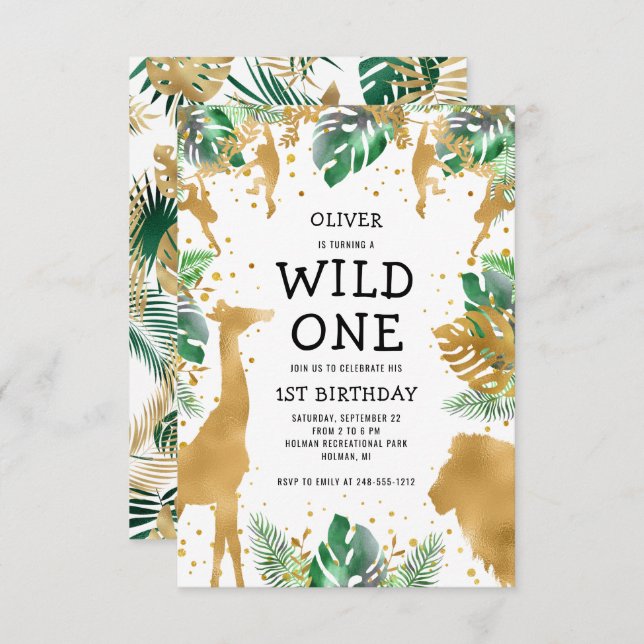 Invitation Wild One Jungle Safari Gold Green 1er anniversaire (Devant / Derrière)