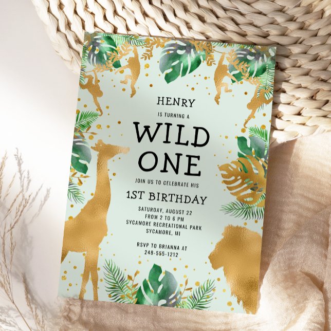 Invitation Wild One Jungle Safari Green Gold 1er anniversaire (Créateur téléchargé)