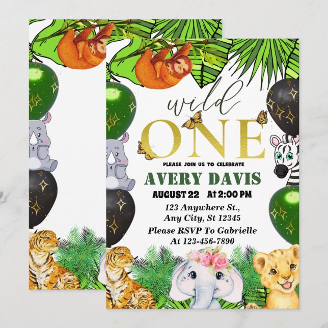 Invitation Wild One Jungle Safari Thème 1er anniversaire enfa (Devant / Derrière)