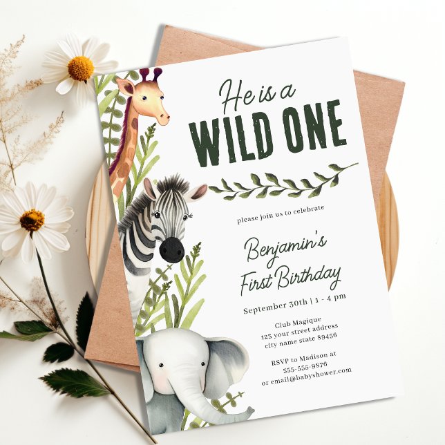 Invitation Wild One Jungle Safari Verdure 1er anniversaire fê (Wild One Jungle Safari Greenery 1st Birthday Party Invitation)