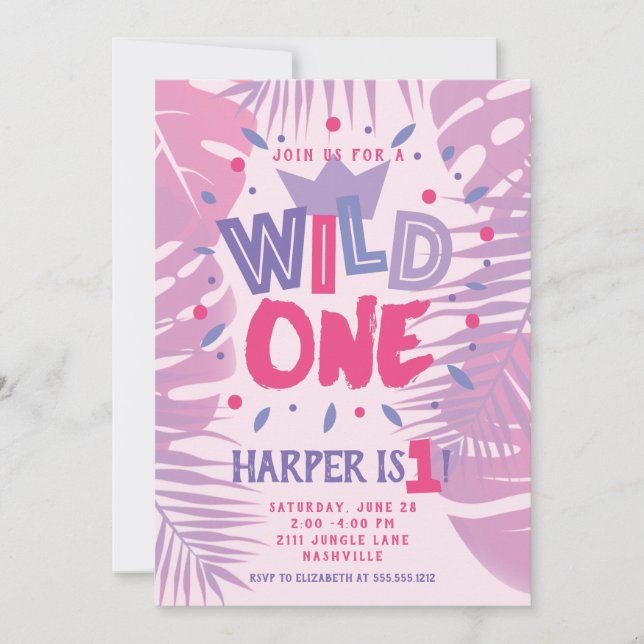 Invitation Wild One Jungle Thème Girl Premier anniversaire (Devant)