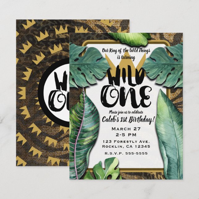 Invitation Wild One King of Things Crown 1st Birthday Party (Devant / Derrière)