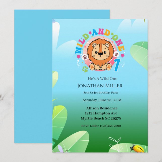 Invitation Wild One Lion 1ère fête d'anniversaire (Devant / Derrière)